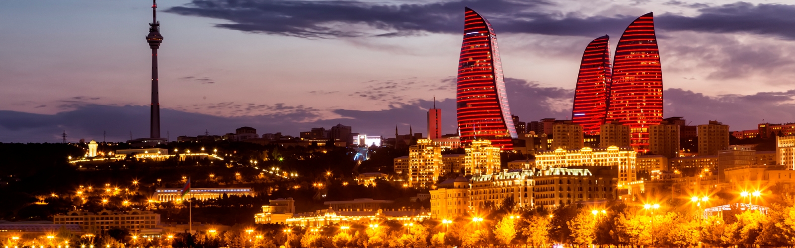 View of the waterfront and the city at night, in Baku, Azerbaijan.